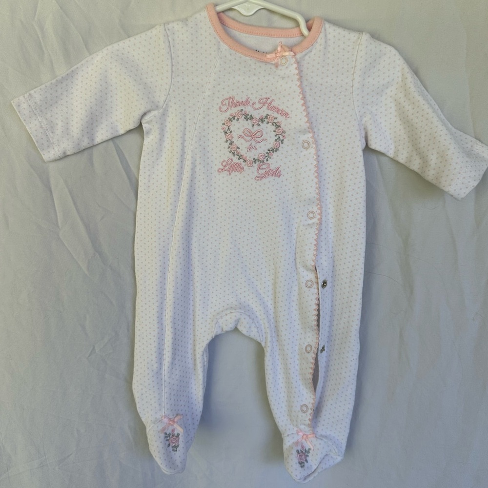 Little Me White Footed One-Piece with Pink Trim and Floral Embroidery